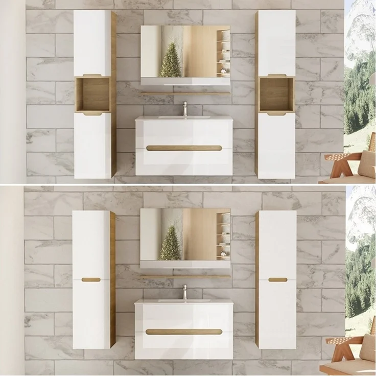 Badezimmermöbel Set 90 cm Weiß Hochglanz, Waschtisch, Spiegel & Unterschrank – Bild 1