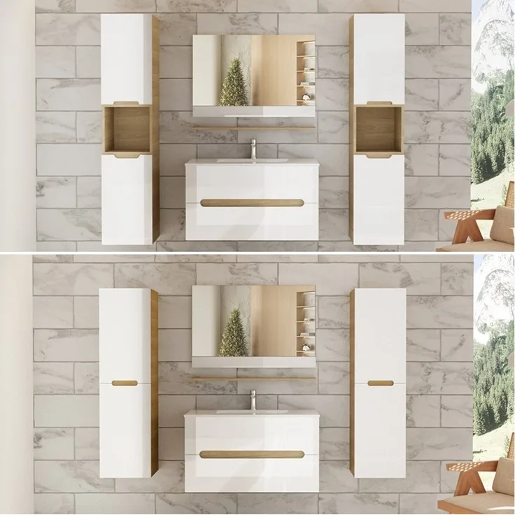 Badezimmermöbel Set 90 cm Weiß Hochglanz, Waschtisch, Spiegel & Unterschrank