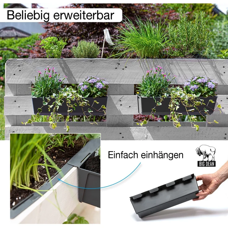 BigDean 16er Set Paletten Blumenkästen - Einsatz - mit Hängesystem zum Einhängen - 37cm anthrazit - Pflanzkasten für Europalette Balkonkasten Blumentopf - aus recyceltem PP-Kunststoff – Bild 5