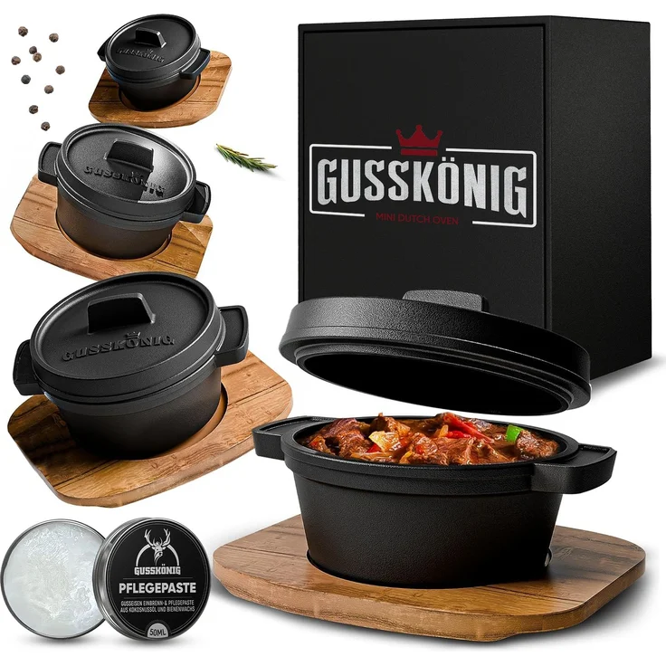 GUSSKÖNIG Dutch Oven Set Mini Topf 4Stk mit Deckel Holzbrett je 300 ml – Bild 1