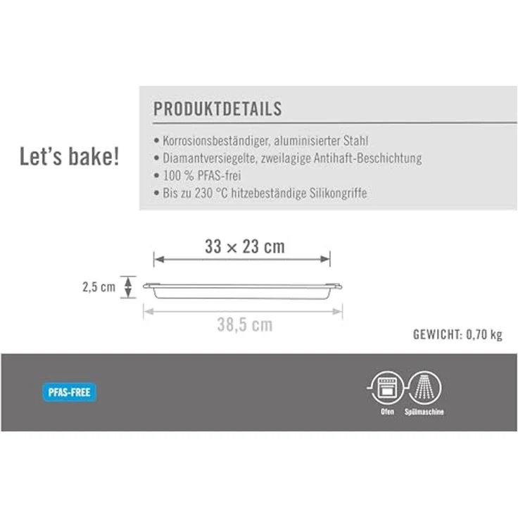 WOLL Backform Woll Let's bake! Backblech, 23x33 cm, (1-tlg), mit Antihaftversiegelung und integrierten Silikongriffen, PFAS-Frei – Bild 6