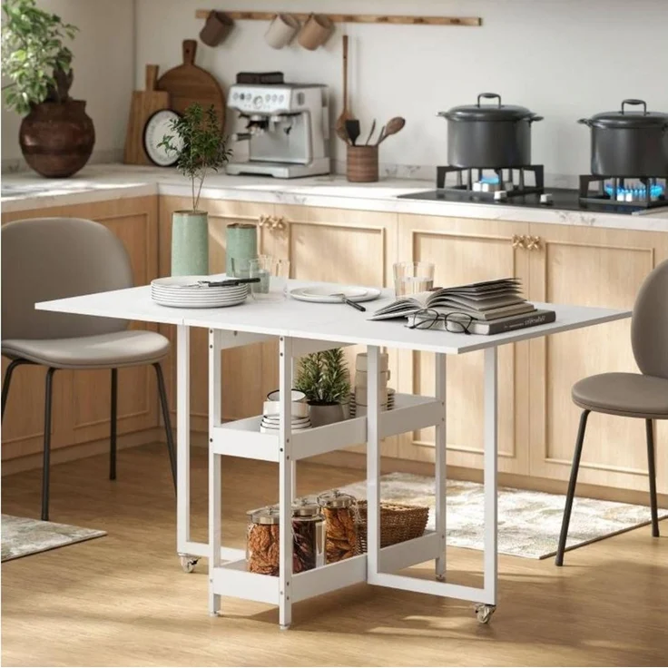 BBWL Klapptisch Klappbarer Esstisch Weiß 133×80 cm mit 2 Ablagen und Rollen (Platzsparender Küchentisch für 2–4 Personen aus Spanplatte für kleine Räume) – Bild 3