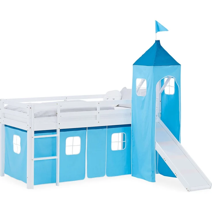 Hochbett Kinder 90x200 cm mit Rutsche Kinderbett Kinderhochbett Stockbett Vorhang Turm Blau – Bild 1