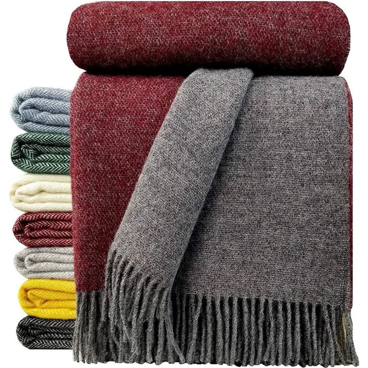 STTS International Wolldecke 100% Schurwolle Wohndecke in versch. Farben 140x200 cm Tagesdecke Schurwolldecke Woll-Plaid Tirol (Grau-Rot (Double face), 140x200 cm)