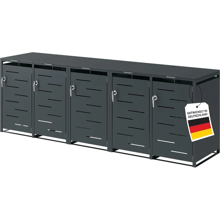 STEELSØN 'Diorus' Mülltonnenbox 5er je 240 Liter, anthrazit, Mülltonnenverkleidung aus Stahl mit Sichtstreifen, wetterfest, 116x80x337 cm, abschließbare Müllbox für 5 Tonnen – Bild 1