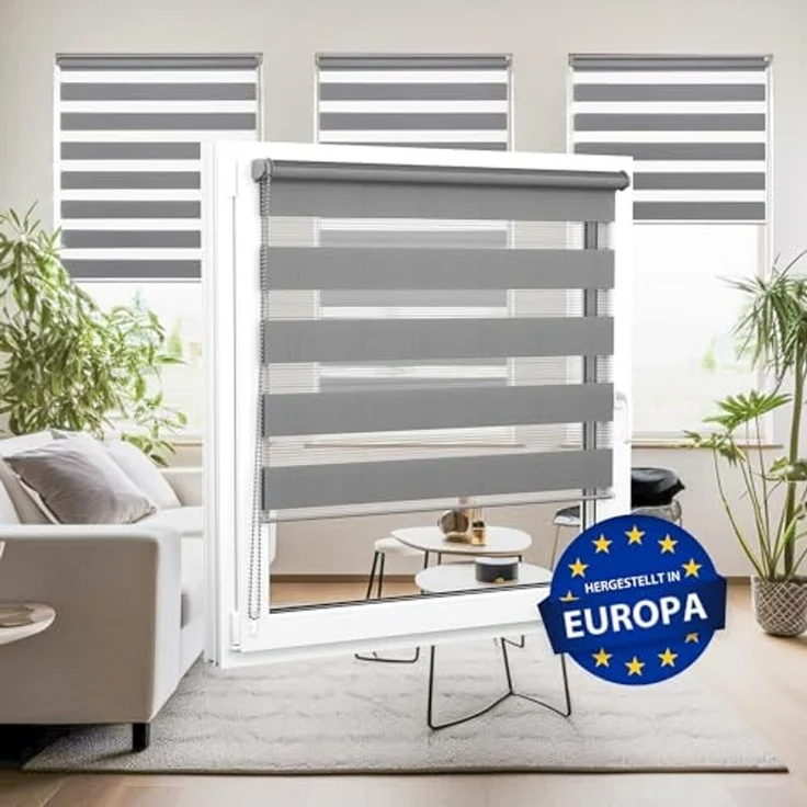 Doppelrollo 30 x 120 cm, dunkelgrau [Stoffbreite 26,6 cm], jalousiescout, blickdicht, mit Bohren/ohne Bohren, freihängend, Klemmen, Kleben und Schrauben OHNE Aufpreis, Lichtdurchlässig, Klemmträger, Feuchtraumgeeignet – Bild 6