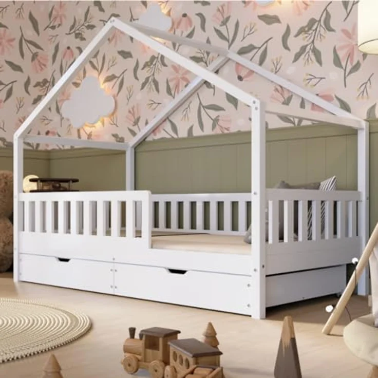 Crazy Pine 'Crazy House' Hausbett mit abnehmbaren Rausfallschutz, Naturholz, Weiß, 90x190 cm, mit Schubladen – Bild 2