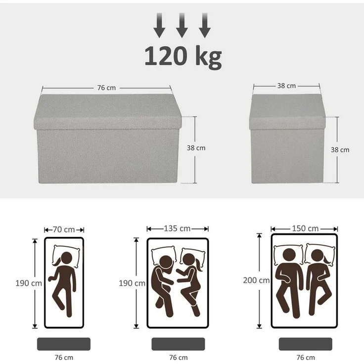 HOMCOM Sitzbank mit Stauraum faltbar Polsterbank mit Samtoptik, Sitztruhe, Truhenbank für Wohnzimmer Schlafzimmer Flur 76 x 38 x 38 cm, Hellgrau – Bild 2