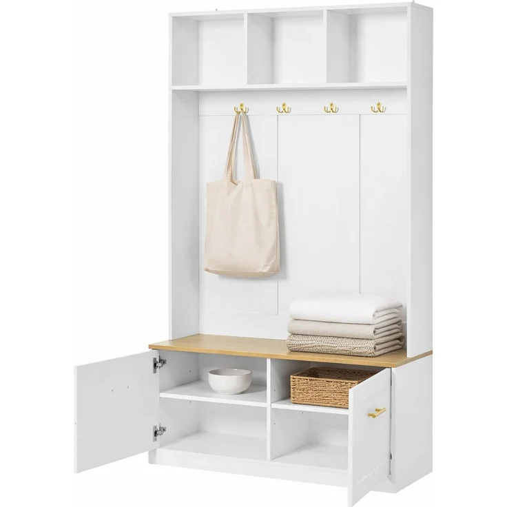 Garderobenset mit Sitzbank, Stauraum und 4 Haken, 105x40x180 cm, Natur/Weiß – Bild 7