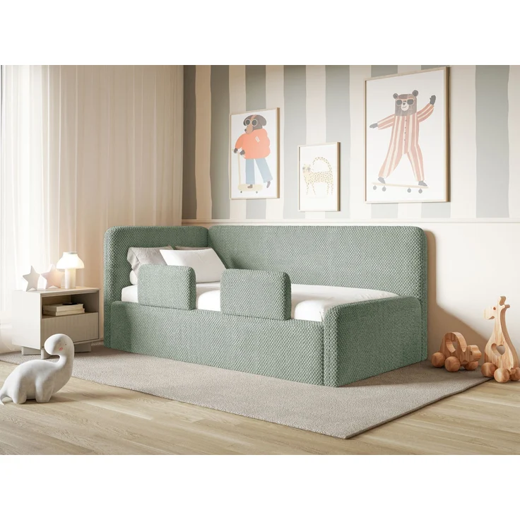 Selsey 'Fanko' Kinderbett 90x200 cm mit Rausfallschutz, Matratze, Kopfteil links, Plüsch, Salbeigrün – Bild 3