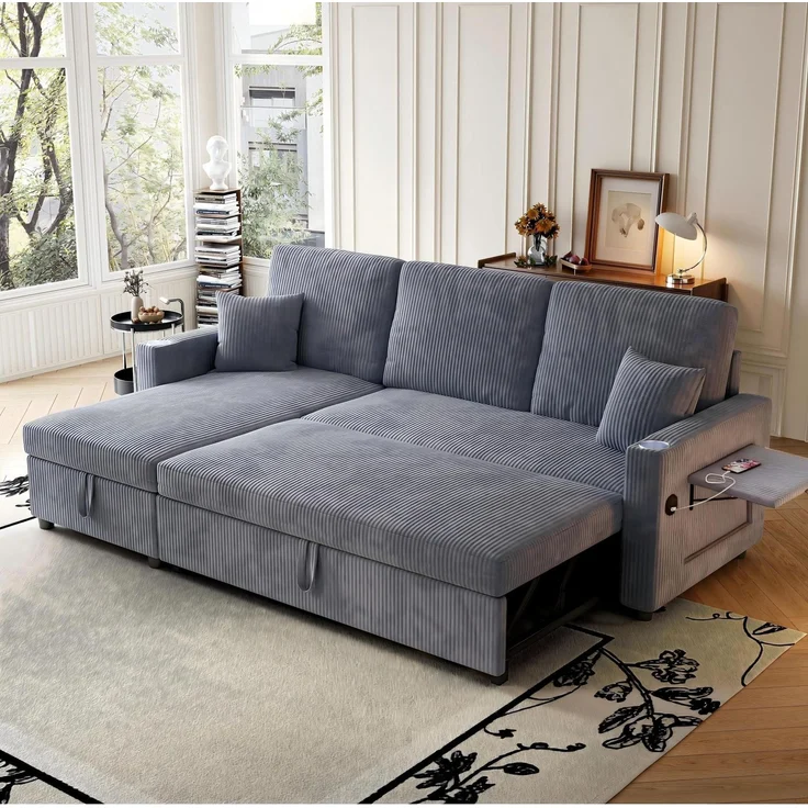 Schlafsofa aus Cord mit Ausziehfunktion, Stauraum und USB-Anschluss, 207,5x142x84,5 cm, Grau – Bild 4
