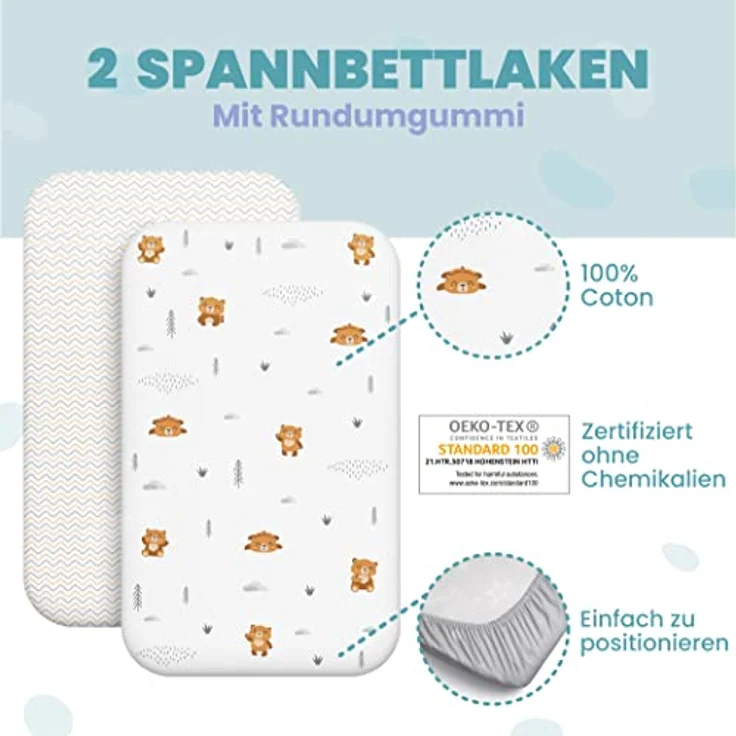 2X Spannbettlaken aus 100% Baumwolle mit Gummiband - 1X Matratzenschoner aus 100% wasserdichtem Material - 3er-Set - 55x90 cm - Teddybär – Bild 6