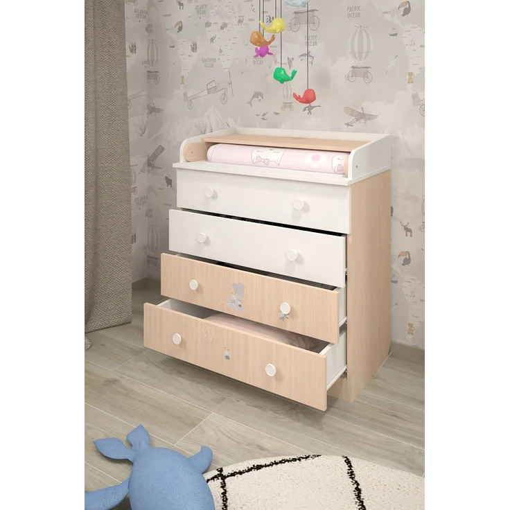 Shefa Kids Wickelkommode 800 Teddy, Weiß-Pastell Eiche, 4 Schubladen, 80 cm Breite – Bild 5