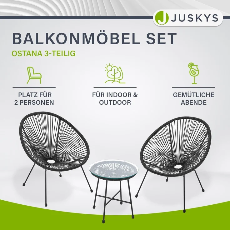 Juskys 'Ostana' Balkonmöbel Set, 3-teilig, Tisch + 2x Sessel, Polyrattan, Schwarz – Bild 2