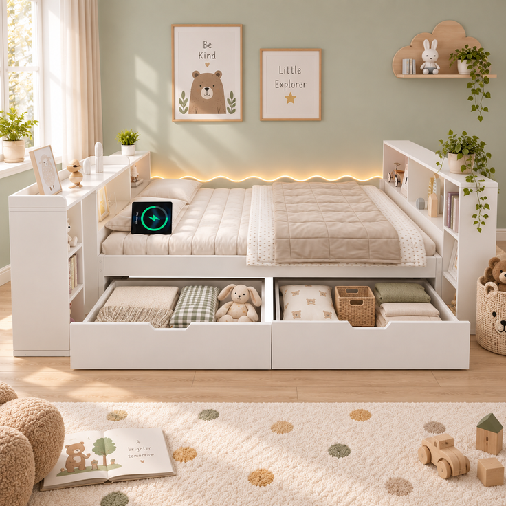 Bett 90x200 cm in Weiß mit Schubladen, LED und ausziehbarer Tischplatte, ohne Matratze – Bild 3