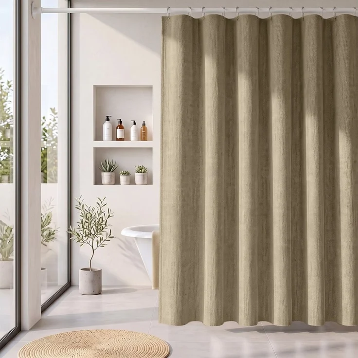 Sekey Duschvorhang Textil Duschvorhang Wannenvorhang Waschbar wasserabweisend mit Ringe Breite 180 cm (Packung, inkl. 12 Ringe), Badewannenvorh, 100% Polyester, Leinenoptik 180x200cm Weizen – Bild 1