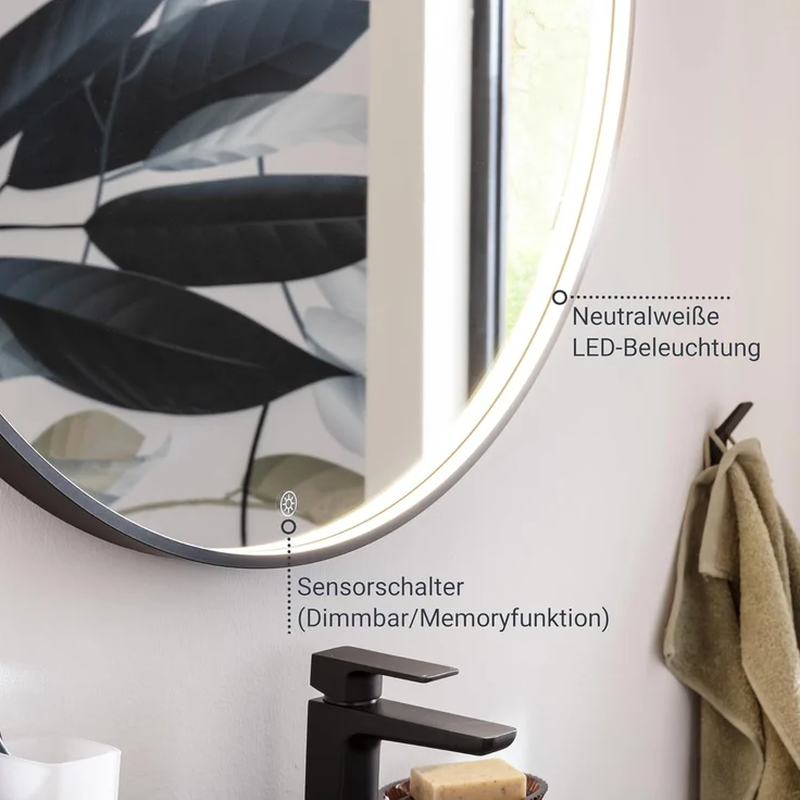 BADEDU VAAL LED Spiegel Ø 80 cm, rund, Schwarz, Sensor – Bild 3