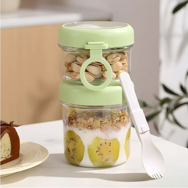 Elegear Müslibox Müslibecher to Go, Joghurtbecher, Doppelschicht Müslibecher mit Löffel, Polypropylen, (1-tlg, 1 × Löffel, 1 × Müslibecher(530+330ml), Lunchtopf für Müsli, Mikrowellen- und Spülmaschinenfest, Grün
