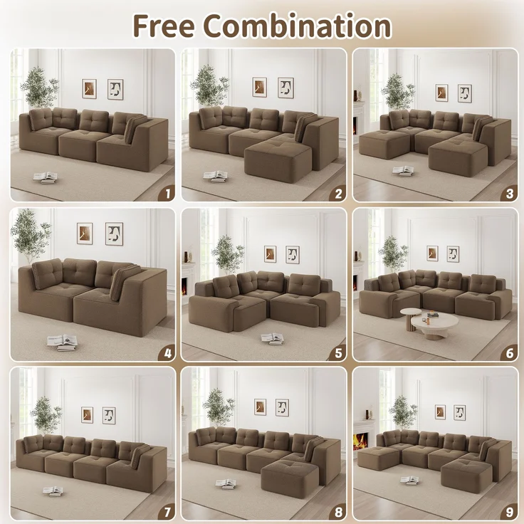 U-förmiges Sofa mit 1 Fußhocker mit Cordbezug und beweglicher Fußauflage, rahmenfreie Lounge-Couch mit breiten Armlehnen ohne Montage, Braun – Bild 22