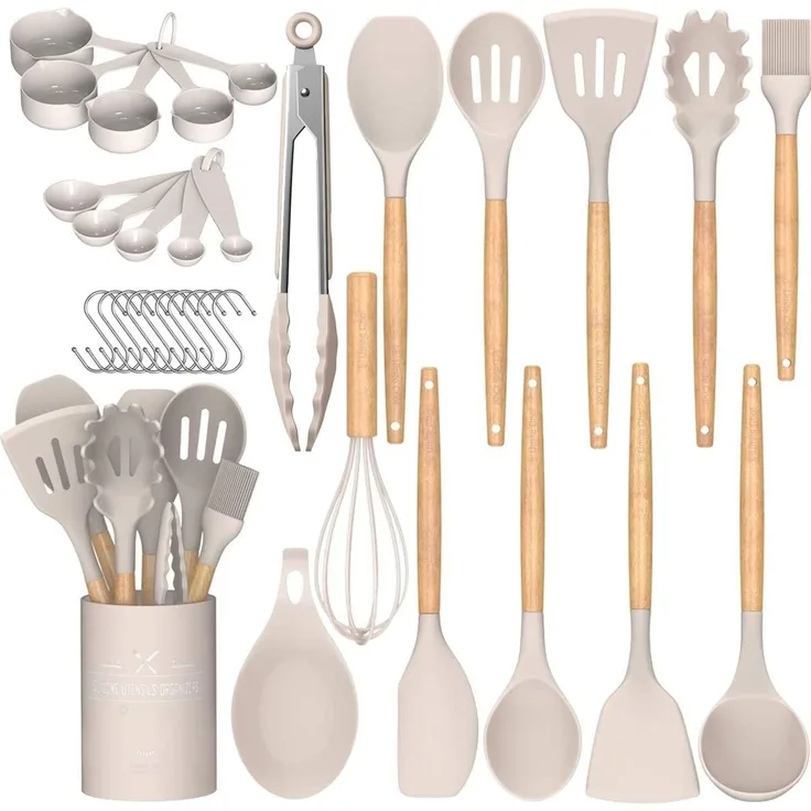 Umite Chef Küchenutensilien-Set, 24-teilig, Antihaft-Silikon, Kochutensilien, Spachtel-Set mit Halter, Holzgriff, hitzebeständiges Silikon, Küchenutensilien-Set Khaki 24 Stück