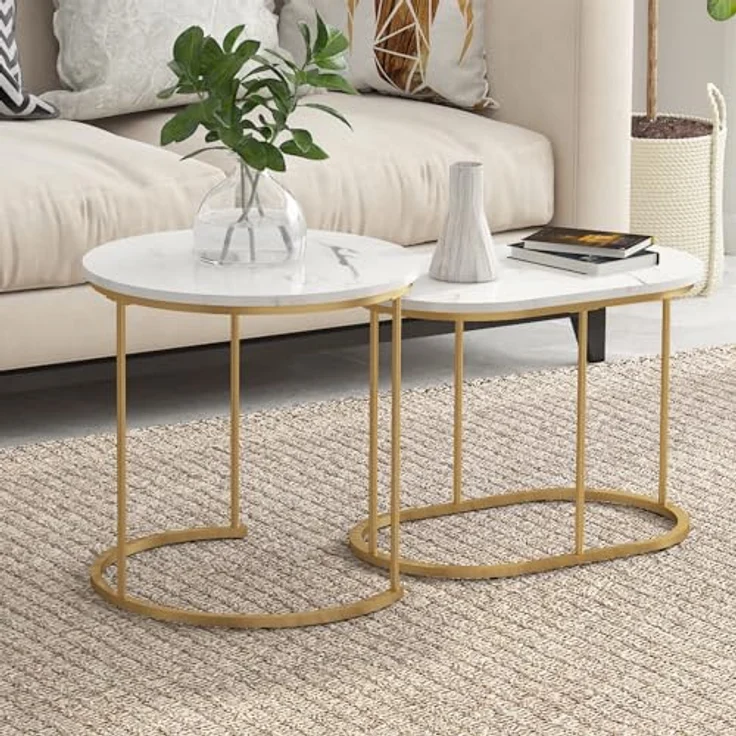 SogesHome Satztische fürs Wohnzimmer 2er Set Couchtisch Beistelltisch Sets Wohnzimmertisch Nachttisch Satztisch Pflanztisch mit Metallgestell, einfacher Aufbau – Bild 3