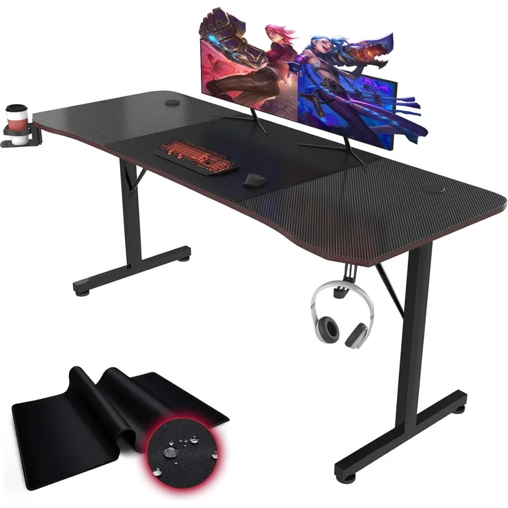 Devoko Gaiming Tisch 180cm Gaming Schreibtisch Gamer Computertisch Ergonomischer PC Tisch mit Kabelaufbewahrungsbox, Getränkehalter und Kopfhörerhalter T-förmiger (Schwarz, 180 x 60 x 75 cm)