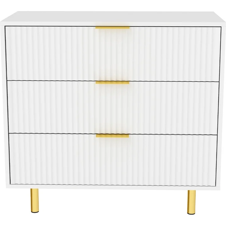 Flieks Kommode 3 Schubladen, Sideboard weiß gold, geriffelte Front modern, H72×B80×T40 cm, Aufbewahrungsschrank, MDF – Bild 5