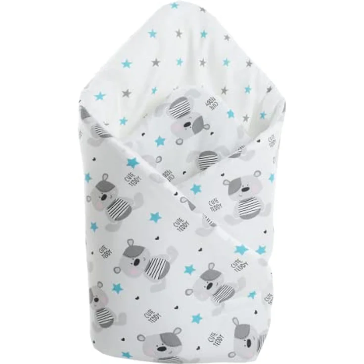Medi Partners Steckkissen 100% Baumwolle 75x75cm Einschlagdecke Babyhörnchen doppelseitig weich ganzjährig multifunktional antiallergisch Babys (Teddy mit blauen Sternen) – Bild 1