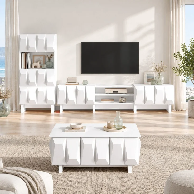 Wohnzimmermöbel-Set mit 3D-Front, TV-Lowboard 180x34x44,5 cm, Weiß – Bild 1