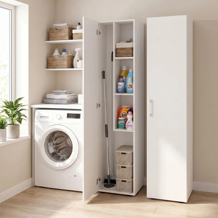 Bellamio 'Apol' Mehrzweckschrank schmal, weiß, 176x33x40 cm, Besenschrank mit Staubsaugerfach und 3 kleinen Fächern – Bild 8