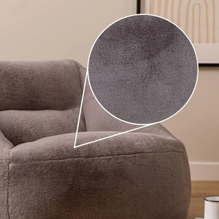 Icon Natalia Sitzsack Sessel für Erwachsene mit Hocker, Grau, Flauschiger Kaninchen Kunstfell Stoff, Riesen Sitzsack mit Füllung, Bean Bag, Bequemer Sessel Wohnzimmer, Lounge, Schlafzimmer, Büro – Bild 6