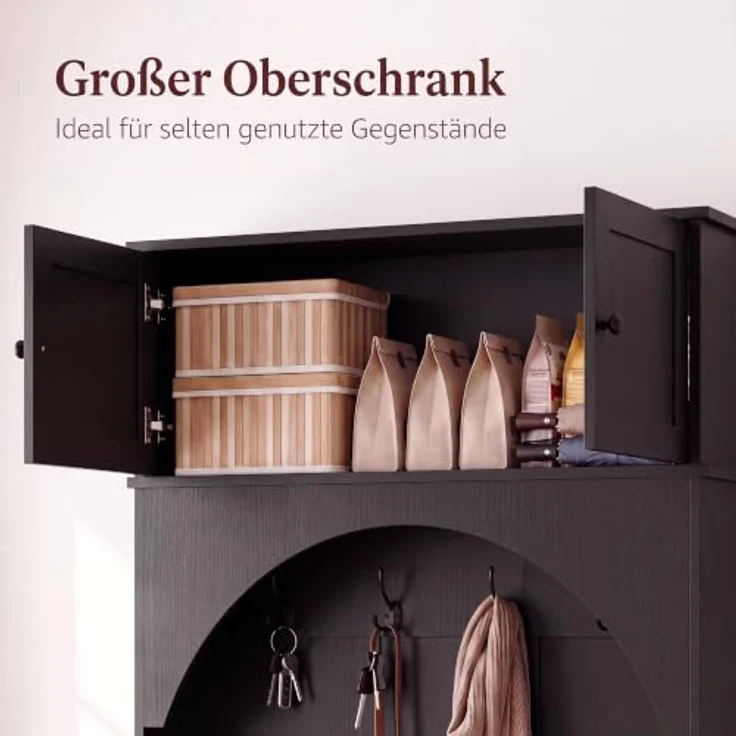 IRONCK Garderobenständer, Garderobe mit Sitzbank und Schuhregal Schwarz | Flurmöbel mit Oberschrank, 4 Dreifach-Haken und 7 Schubfächern, Kleiderständer, Eingangsmöbel für Schlafzimmer 100x35x186 cm – Bild 3