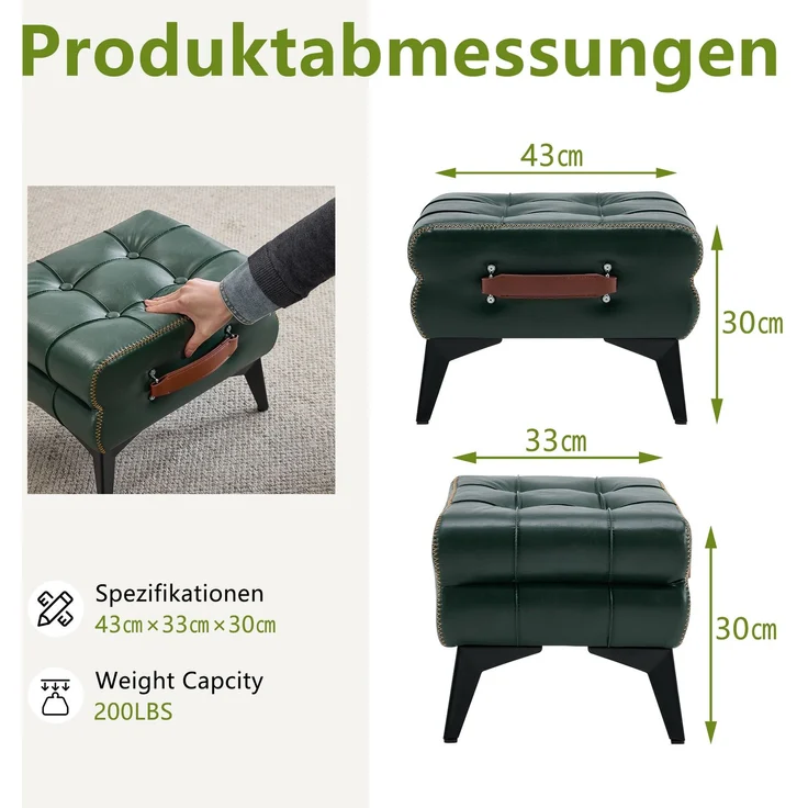 Hocker aus grünem Kunstleder mit Stahlbeinen und Tragegriff, 1 Stück,H 30 x T 43 x B 33 cm – Bild 5