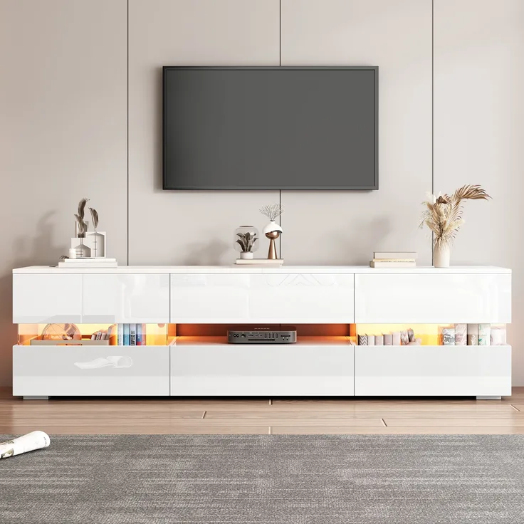 TV-Schrank, 160x39x45 cm, weißer Hochglanz-TV-Schrank mit LED, Acrylglas & Drucköffnung