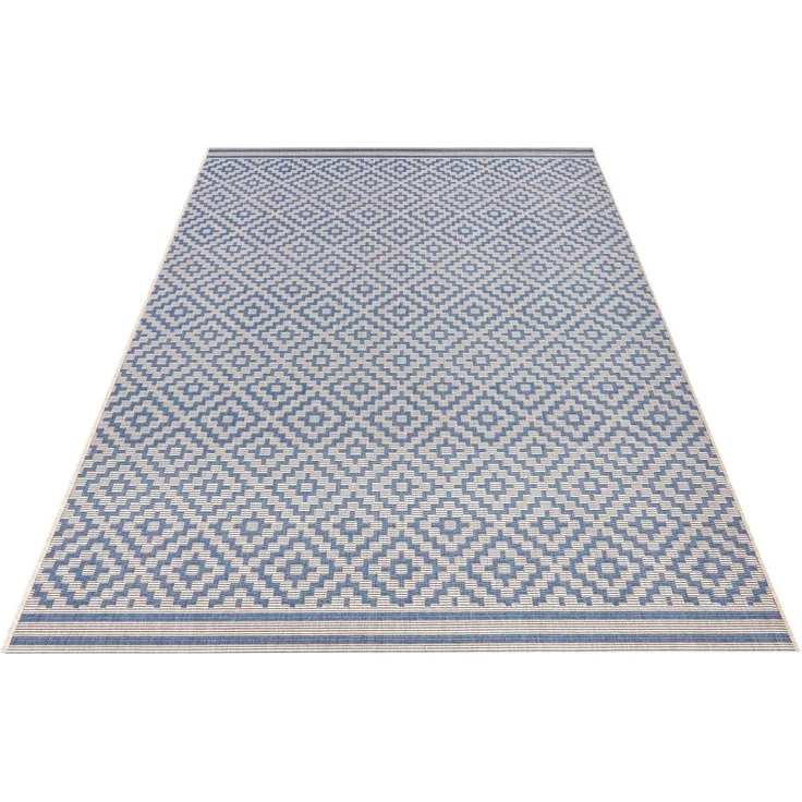 In- & Outdoor Teppich Raute blau/creme - 80x150x0,8cm