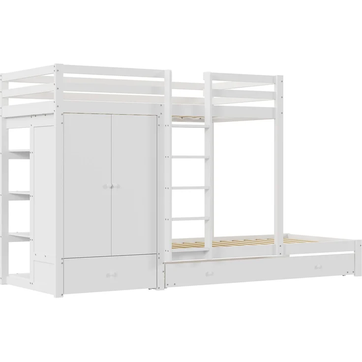 Bett Etagenbett mit Ausziehbett 90x200 cm, Massivholz in Weiß, mit Kleiderschrank, Schubladen und Ablage, ohne Matratze – Bild 5