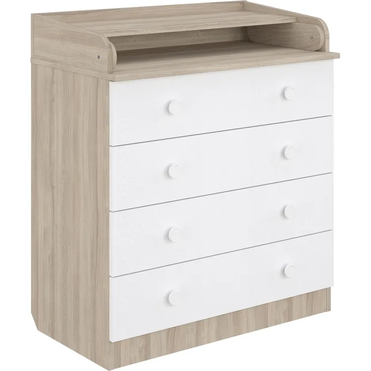 Shefa Kids Wickelkommode 800 mit 4 Schubladen und klappbarem Wickelaufsatz, Ulme-weiß, 80,4 cm breit