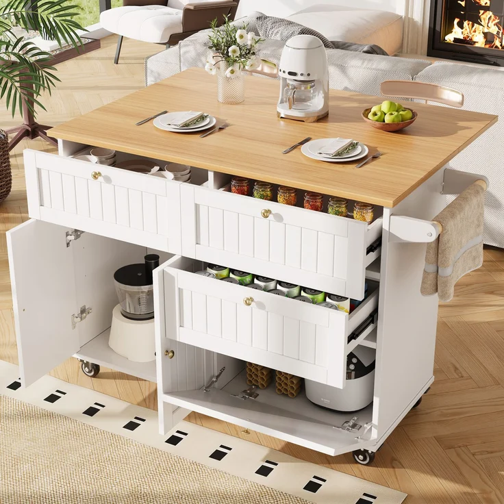 Abrihome Küchenwagen mit Stauraum und Rollen, Weiß, 88x70x133 cm – Bild 2