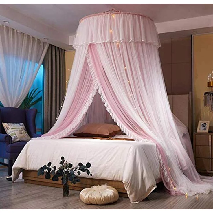 VARWANEO Prinzessinnen-Betthimmel für Mädchen, Betthimmel, Vorhang, doppellagig, durchscheinendes Netz, kuppelförmig, Moskitonetz für Doppelbett, Queen-Size-Bett, Rosa/Weiß – Bild 6