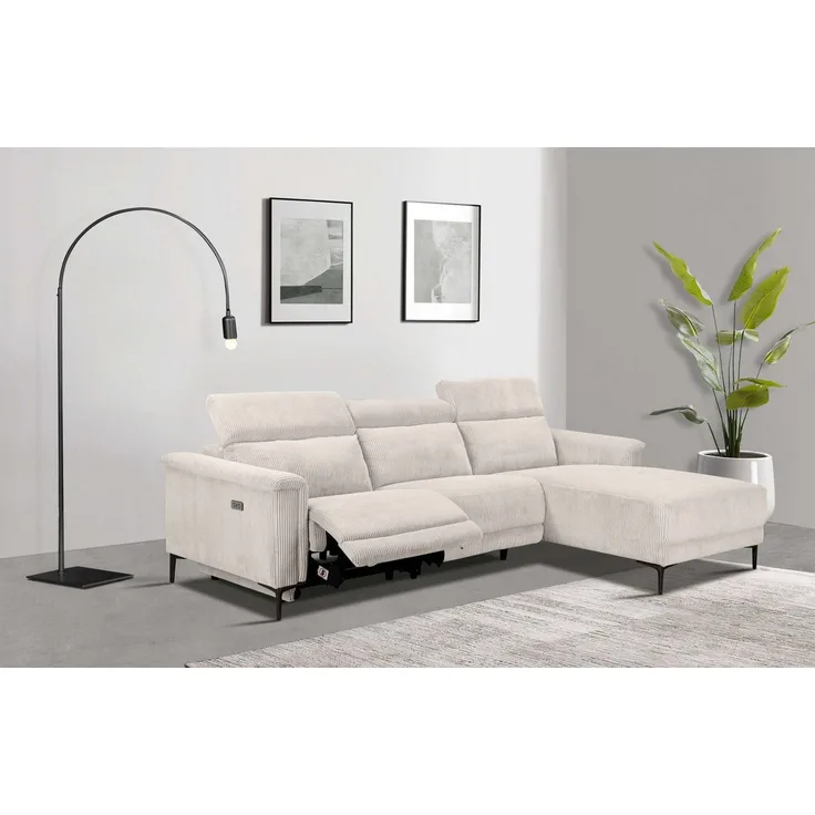 Places of Style Ecksofa Lund in Cord, L-Form, 261 cm, mit manueller, o. elektrischer Relaxfunktion, USB, Kopfteilverstellung