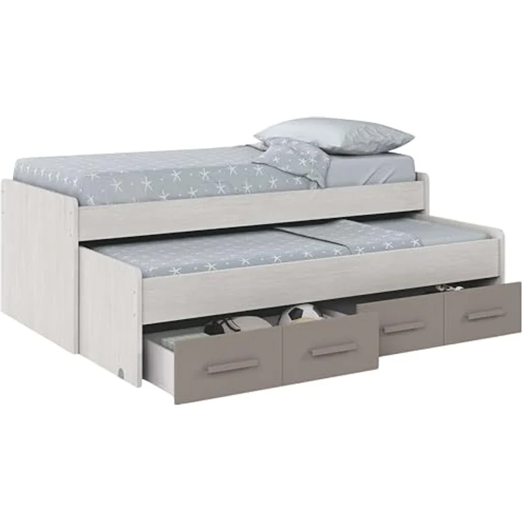 Dmora - Kinderbett Spokane, Bettgestell für Schlafzimmer, Einzelbett mit ausziehbarem Bett und 4 Schubladen, 198 x 96 x 69 cm, Weiß und Braun – Bild 5