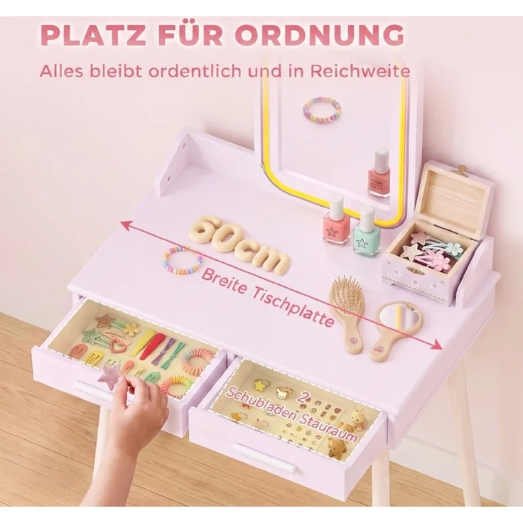 inder Schminktisch Set 2 in 1 Frisiertisch Schreibtisch mit Hocker LED-Spiegel in 3 Lichtfarben 2 Schublade 3-8 Jahre--Rosa--60x36x100cm--YOUDENOVA – Bild 5