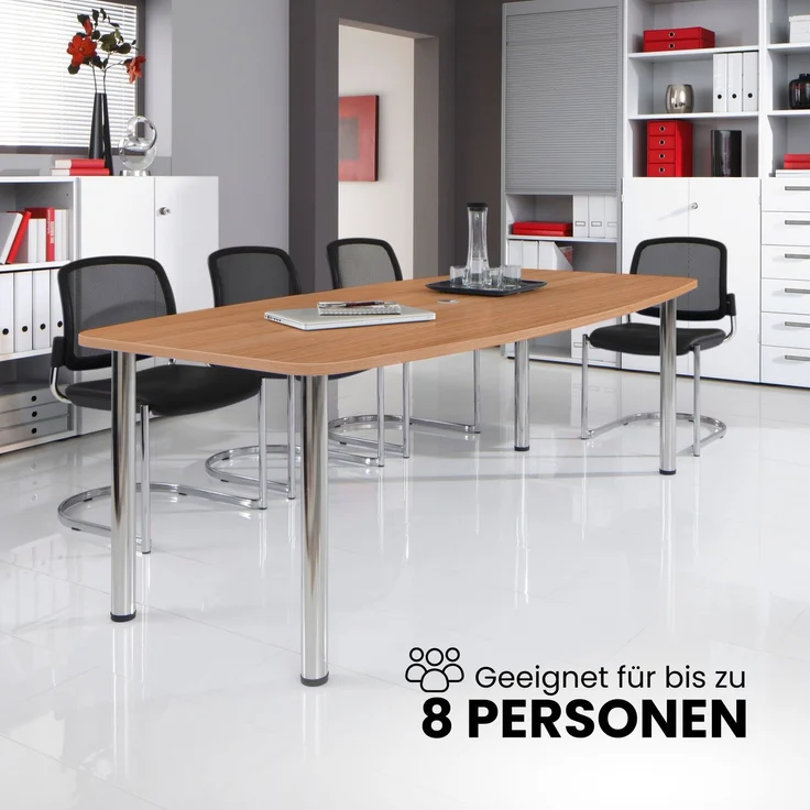 bümö Konferenztisch oval 220x103 cm großer Besprechungstisch in Asteiche, Besprechungstisch mit Chromsäulen, Meetingtisch für 8 Personen, XXL-Tisch für Besprechungsraum & Meeting, KT22S-R-C – Bild 6
