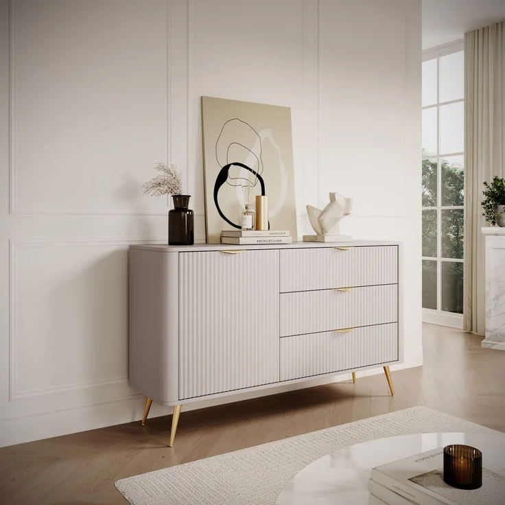 AX LIVING Modern Schubladen Sideboard Vespasia 138 T3S – 138,2cm Beige – Bild 8