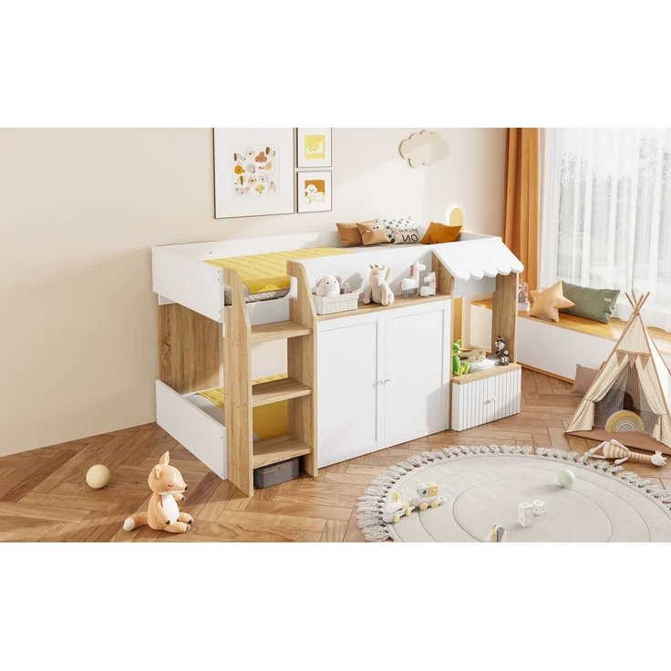 Merax Kinderbett Hausbett 90x200cm, mit offenem Stauraum, mit Kletterleiter, Halbhohes Kinderhochbett, Massivholz-Kinderetagenbett ohne Matratze, Weiß+Holzfarbe – Bild 6