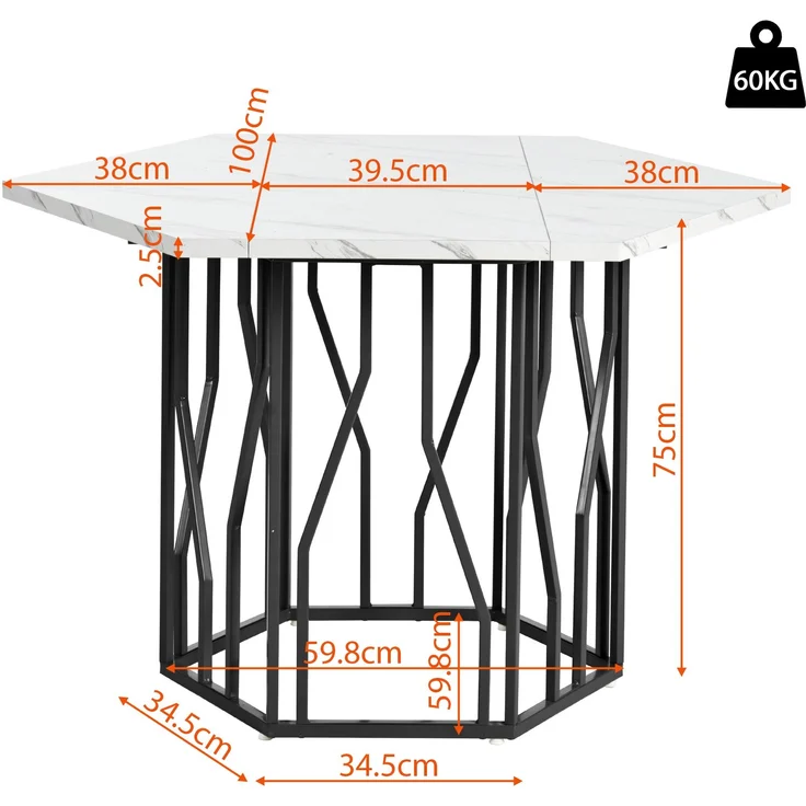 Sechseckiger Esstisch 115.5×100 cm mit 4 Samtstühlen, modernes Esszimmer-Set, ergonomisch, MDF Tischplatte, Metallgestell – Bild 10