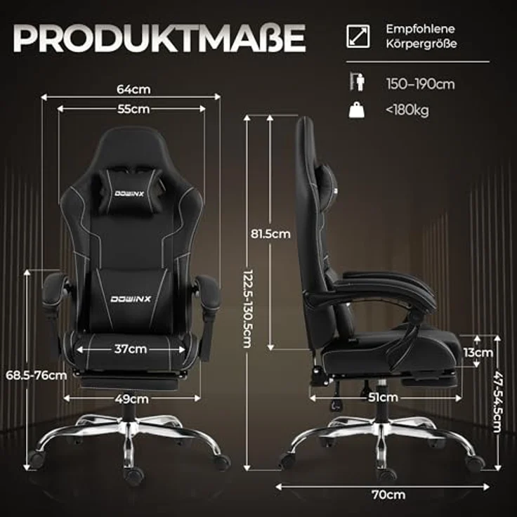 Dowinx Gaming Stuhl, Ergonomischer Gamer Stuhl für Büro und Home Office, Verstellbarer Bürostuhl mit Rückenlehne bis 150°, mit Fußstütze, Belastbar bis 180 kg, Schwarz – Bild 3
