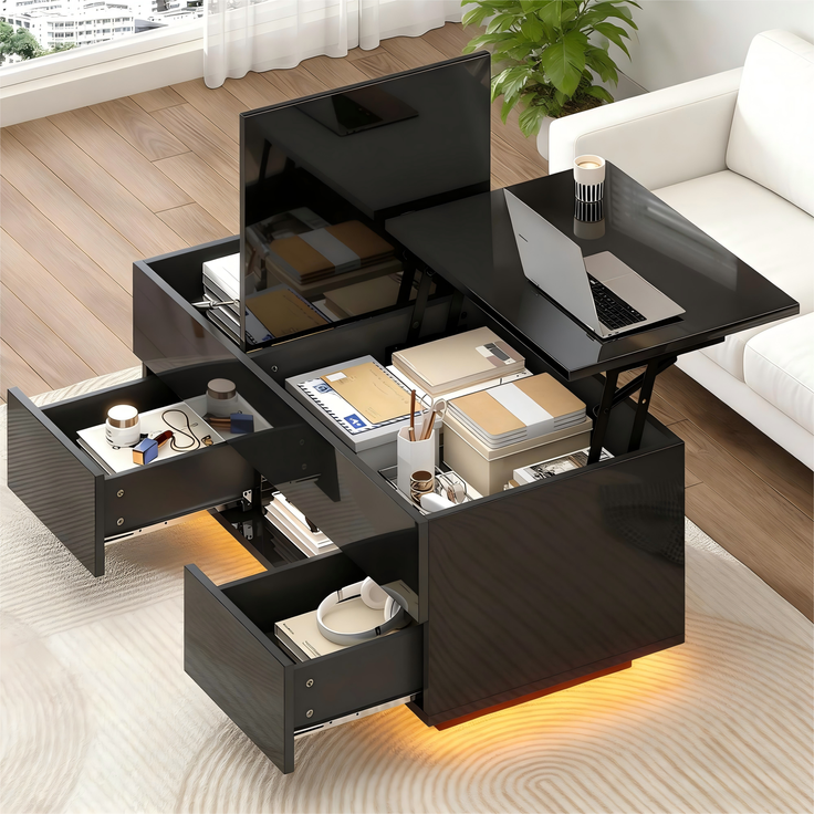 EINHOM 100 x 45 x 43 cm Anhebbarer Couchtisch mit 2 Schublade, Hochglanz-Beistelltisch mit LED, Sofatisch, Kaffeetisch, Wohnzimmertisch mit Verstecktem Stauraum, Schwarz, Spanplatte – Bild 7