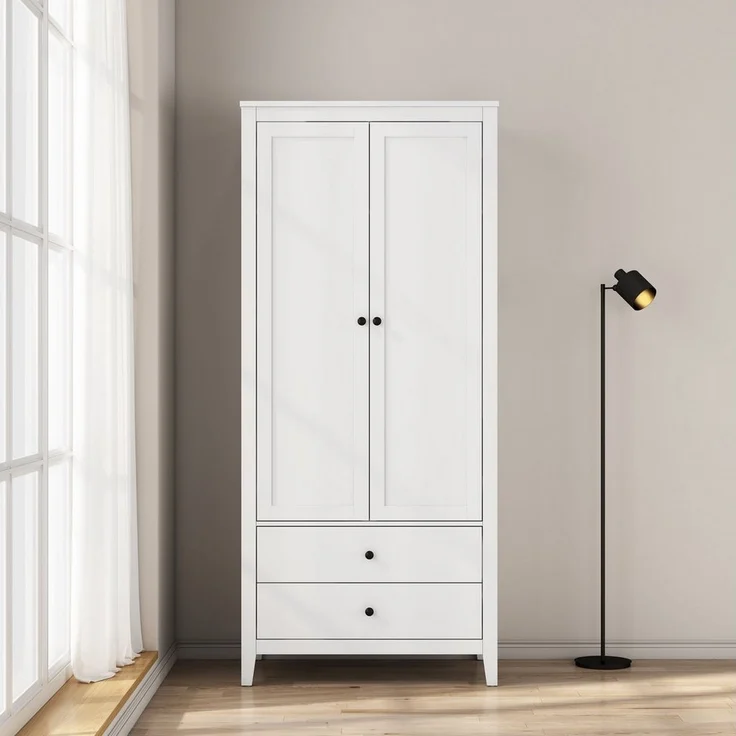 OTTO home Kleiderschrank Borkum Schlafzimmerschrank Garderobe Landhaus Bestseller weiß (hochwertige schwarze Griffe aus Metall) Schlafzimmerschrank mit 2 Türen und 2 Schubladen – Bild 1