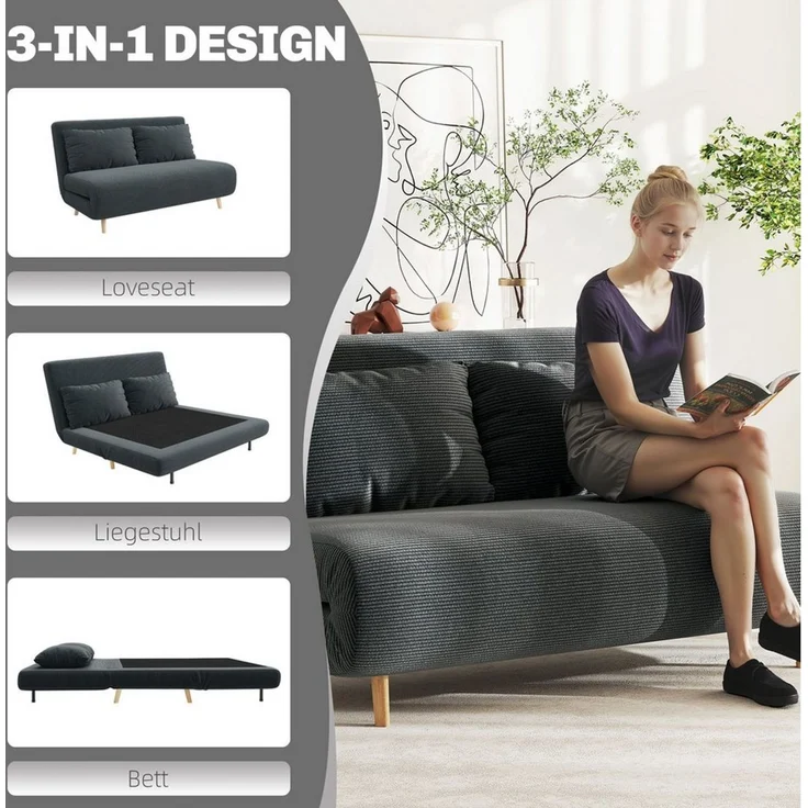 HOMCOM Schlafsofa 2-Sitzer-Sofa mit Bettfunktion, 2 Kissen, Polstersofa 1 Teile, für Wohnzimmer, Schlafzimmer, Dunkelgrau – Bild 3